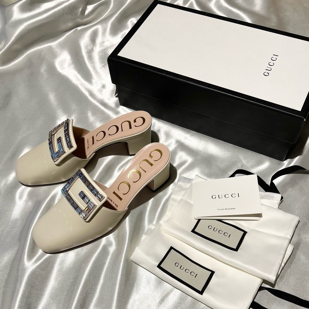 Gucci White Madelyn Square Crystal G Mules Size 37